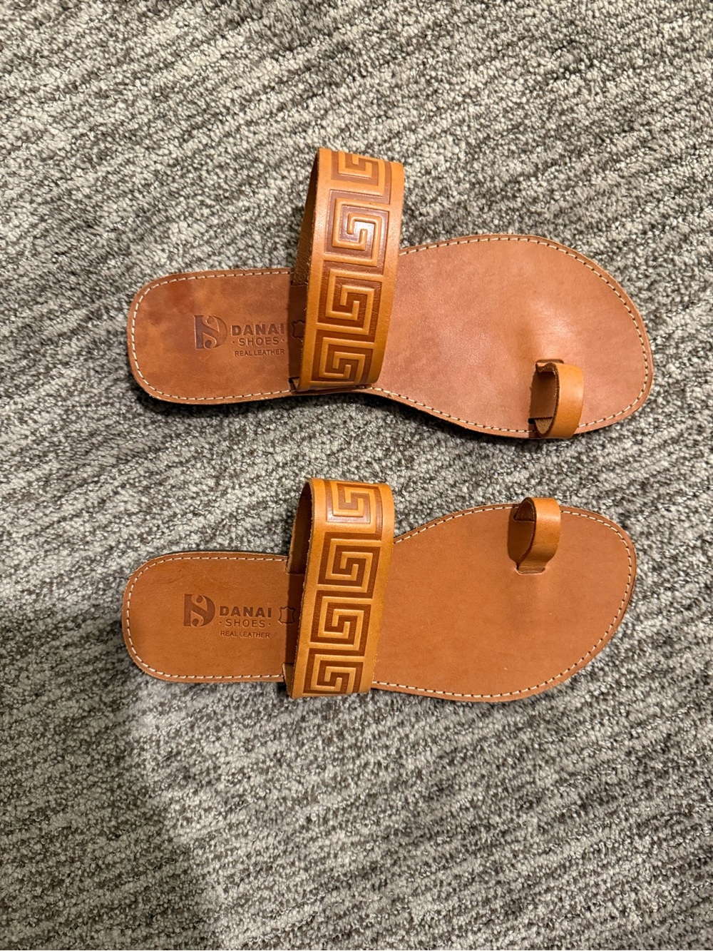 Tan Leather Slide Sandals with Geometric Strap